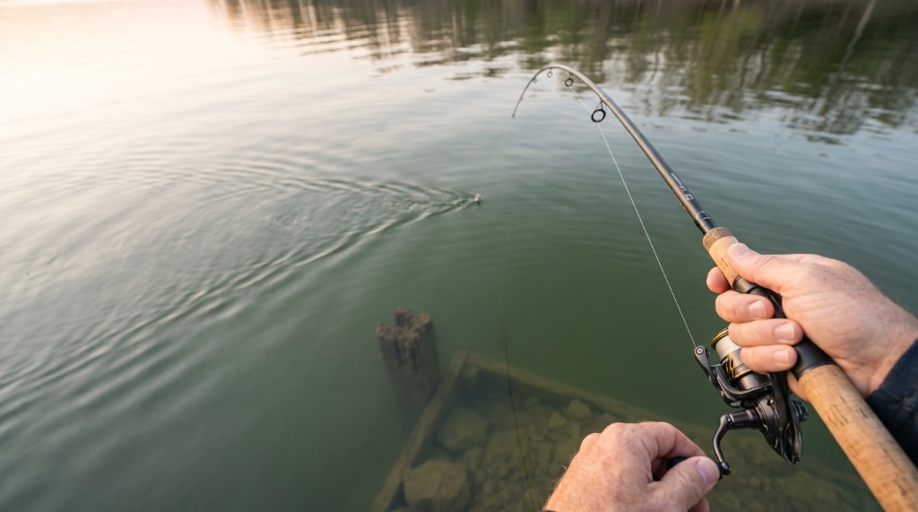 Angler retrieving rigged jig head over submerged wood cover with spinning rod loaded