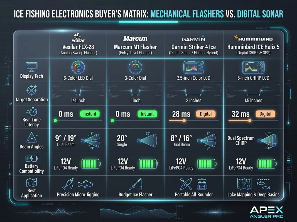 Ice Fishing Electronics Buyer's Matrix: Mechanical Flashers vs. Digital Sonar comparison chart by Apex Angler Pro
