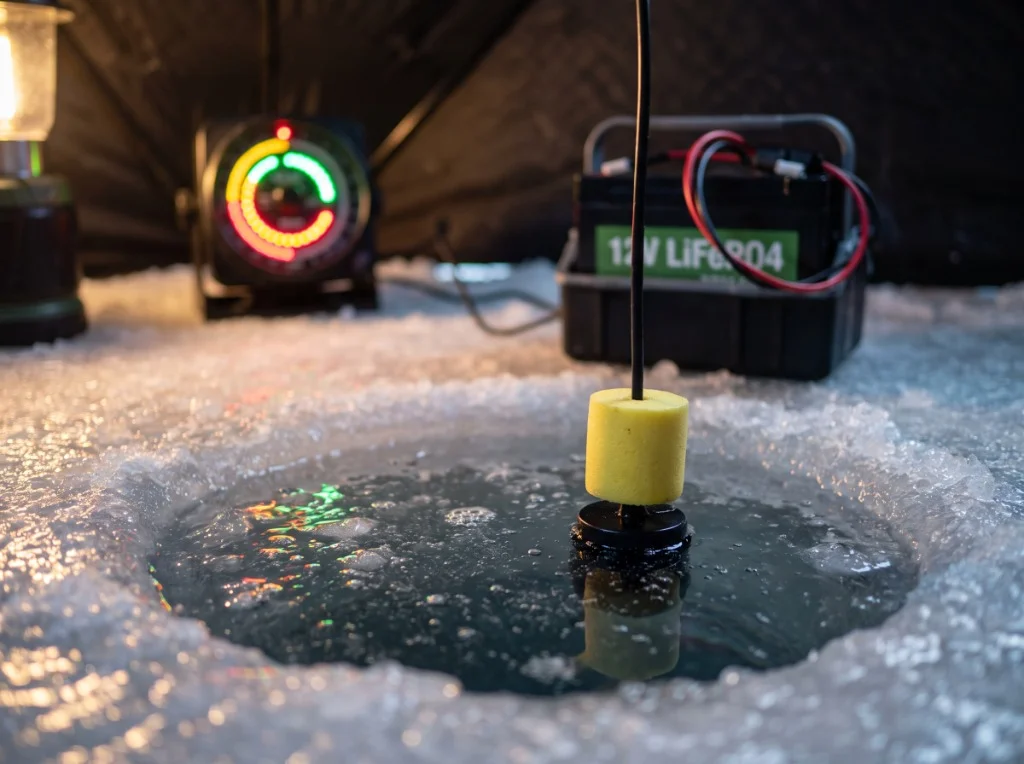 Ice fishing transducer suspended in ice hole with yellow foam float and 12V LiFePO4 lithium battery setup