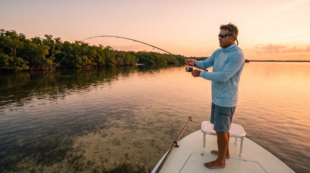 Shimano Stradic FM spinning reel paired with St. Croix Mojo Inshore rod on a flats skiff deck, rigged with braided line for inshore saltwater fishing in Tampa Bay