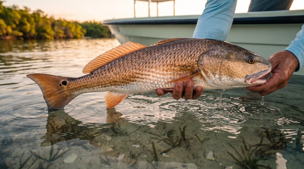 Angler holding a freshly landed bronze Redfish with distinct black tail spot over shallow grass flats in crystal-clear water