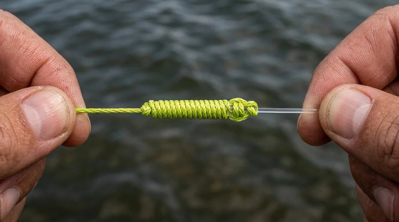 FG Knot connection between braided main line and fluorocarbon leader being pulled tight