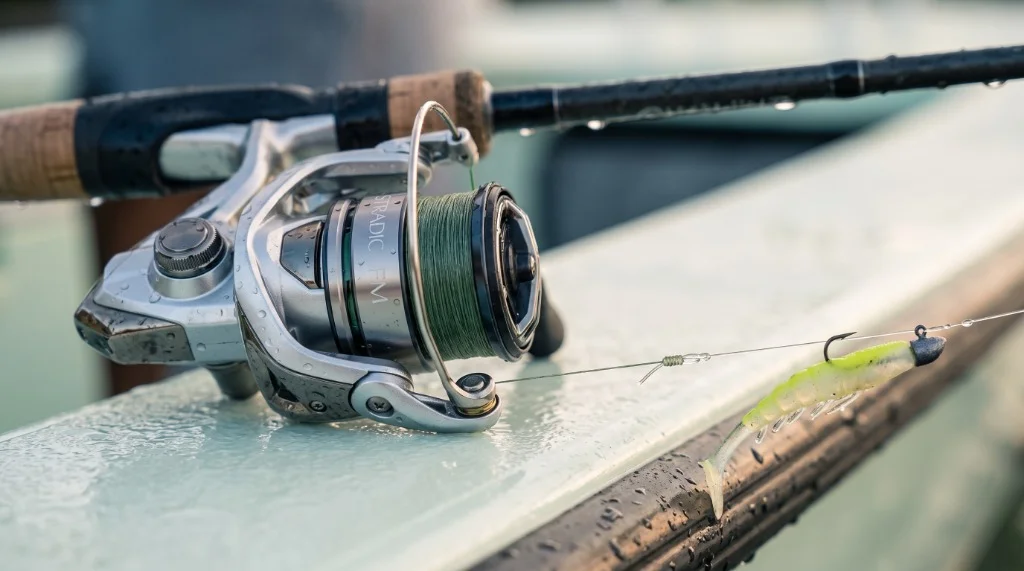 Macro detail of Shimano Stradic FM spinning reel mounted on inshore rod with braided line, FG leader knot, and rigged paddletail swimbait on jig head resting on skiff boat gunwale