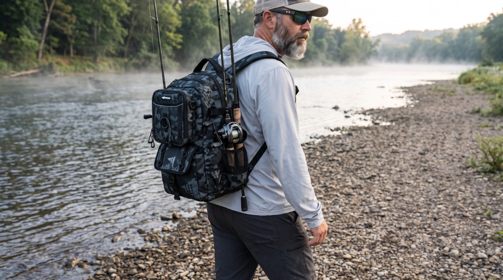 Marcus Heavy Cover Thorne field testing the KastKing BaitSpace 50L Fishing Backpack with rods mounted on a riverbank trail
