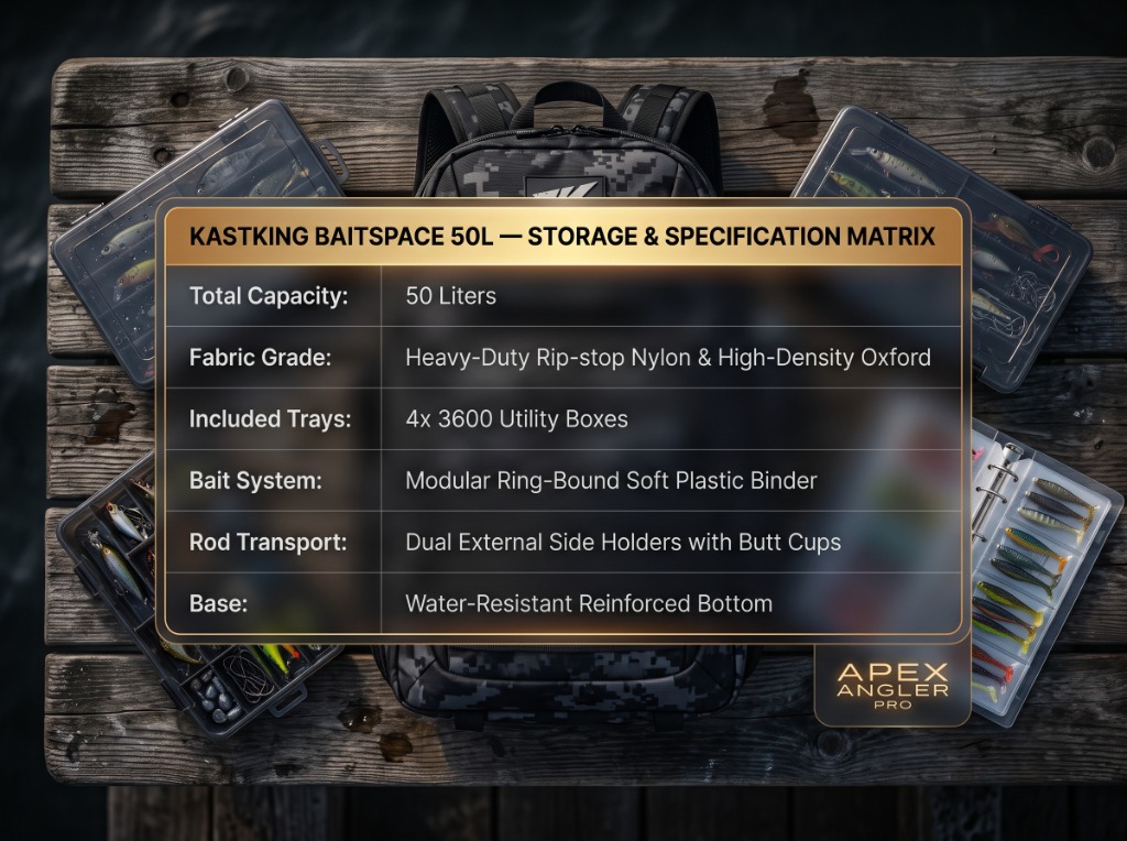 KastKing BaitSpace 50L Storage and Specification Matrix technical graphic overlay with tackle trays and soft plastic binder