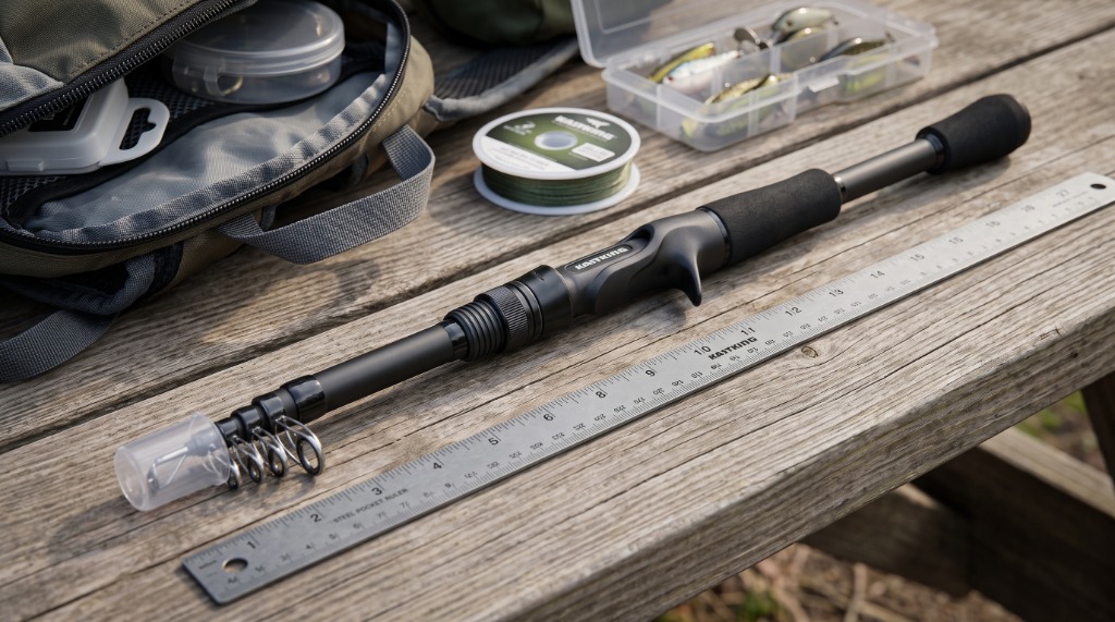 KastKing Compass collapsed rod measuring exactly 17 inches on a wooden picnic table next to a steel pocket ruler and tackle box