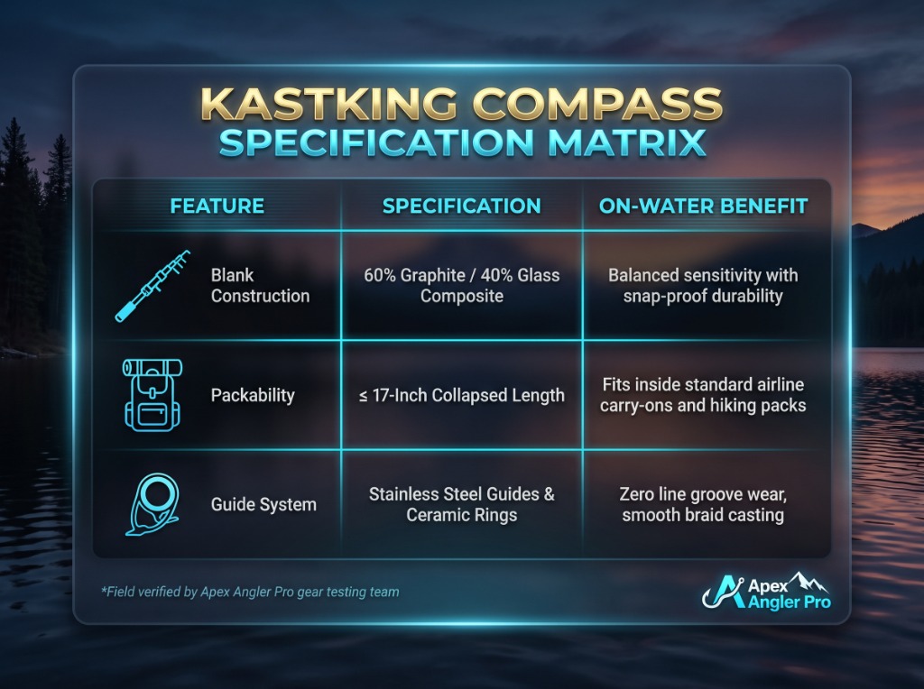 KastKing Compass Specification Matrix infographic with Apex Angler Pro logo outlining blank construction packability and guide system benefits