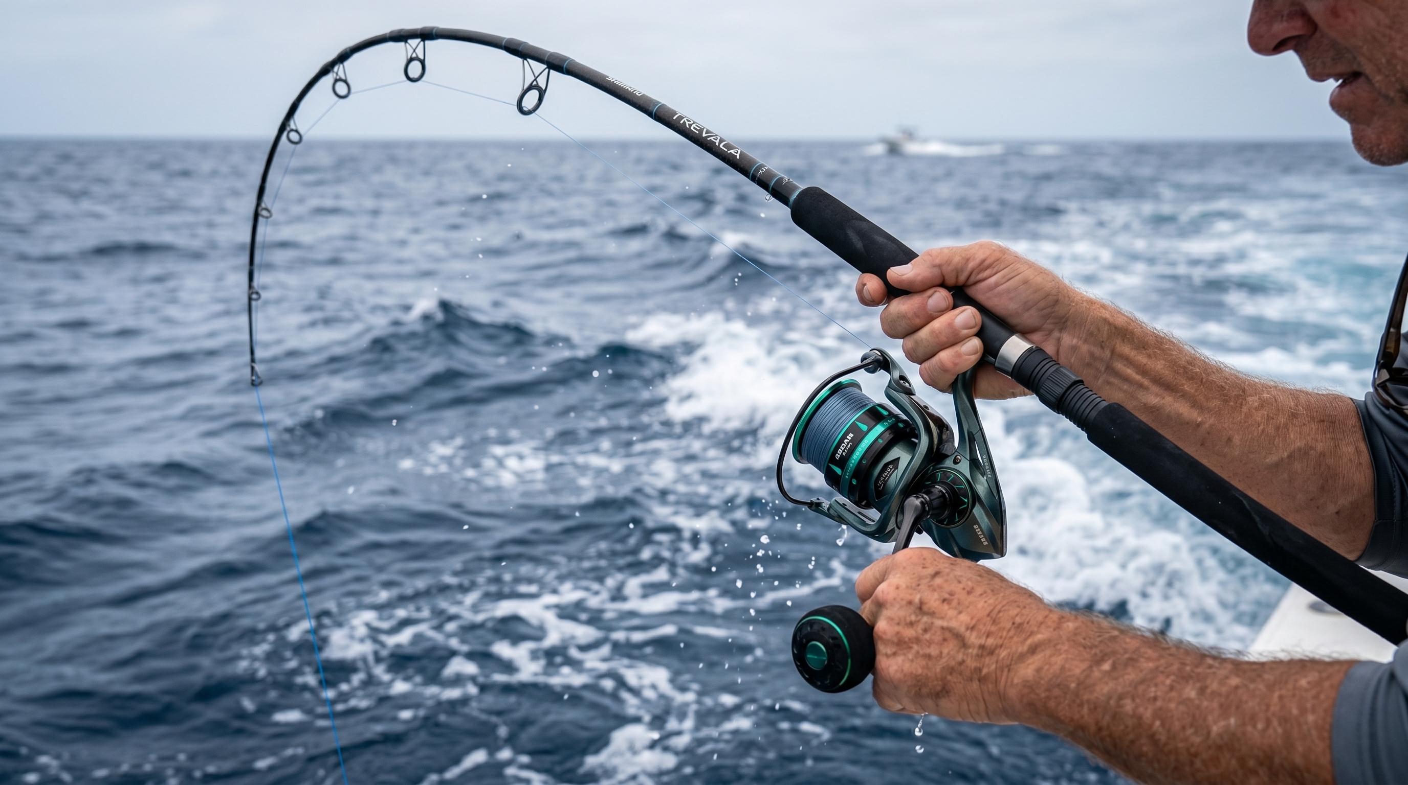 Angler fighting a large saltwater fish using the KastKing Kapstan Elite reel attached to a bent Shimano Trevala rod
