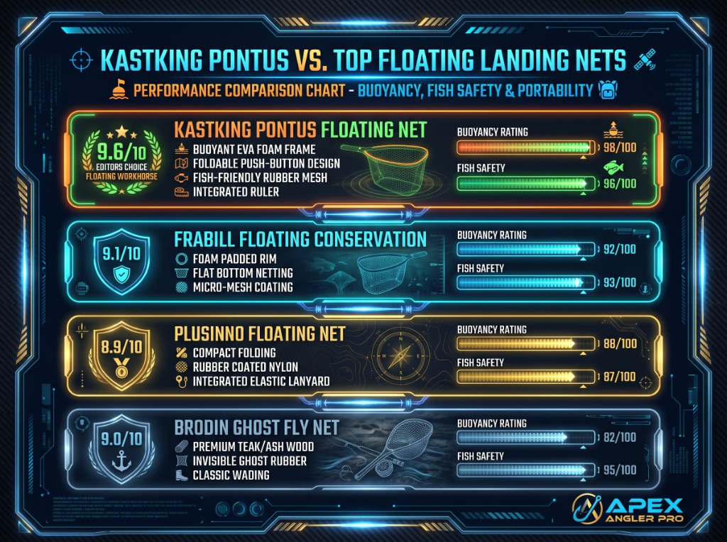KastKing Pontus vs Top Floating Landing Nets performance comparison chart infographic featuring buoyancy and fish safety scores