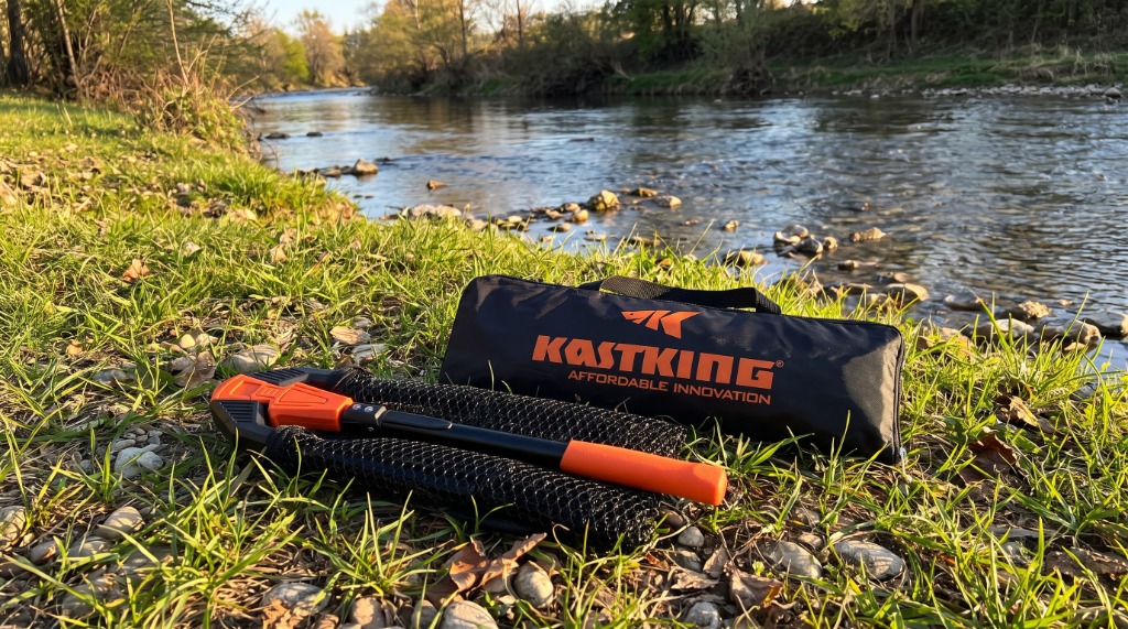 Folded KastKing Pontus floating landing net resting on grass riverbank beside its branded carry storage case