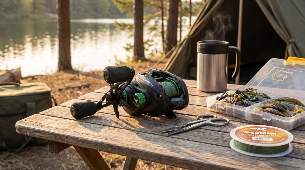 KastKing Spartacus II Plus baitcasting reel on camp table during tackle rigging session