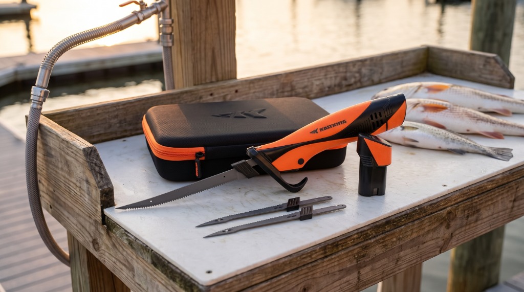 Captain Pete Offshore Iron Callahan field testing the KastKing Speed Demon Pro cordless fillet knife on a marina cleaning station