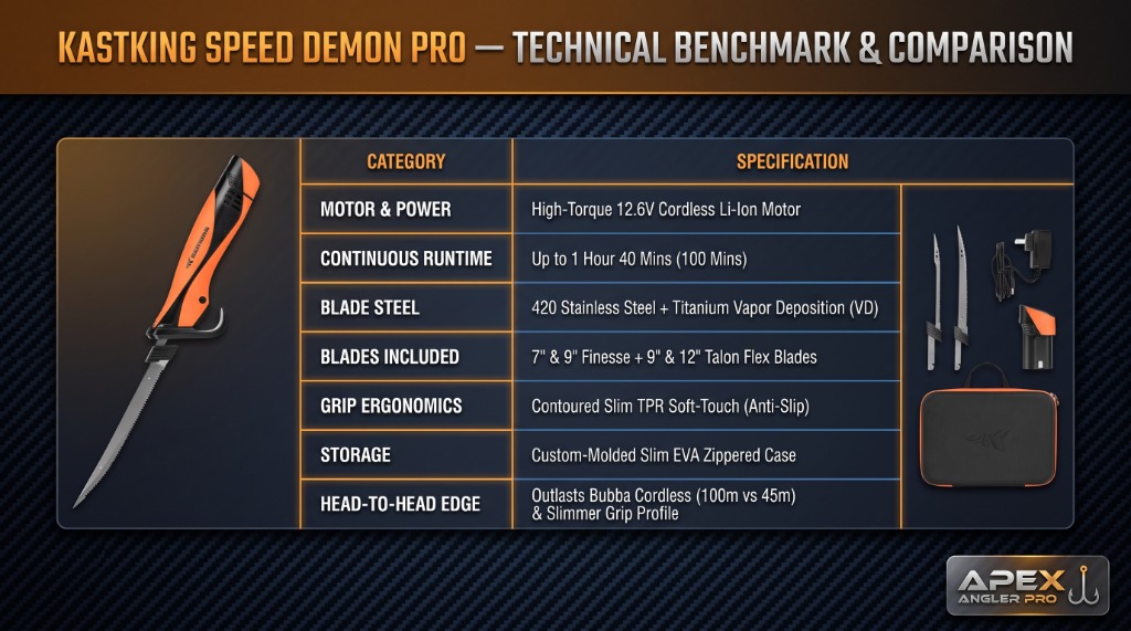 KastKing Speed Demon Pro technical benchmark and comparison chart infographic featuring runtime, motor power, and blade specs