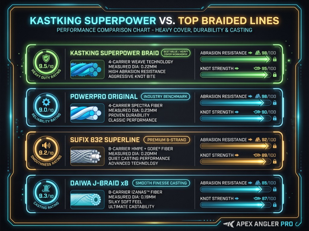 KastKing Superpower vs Top Braided Lines performance comparison infographic chart featuring Apex Angler Pro logo