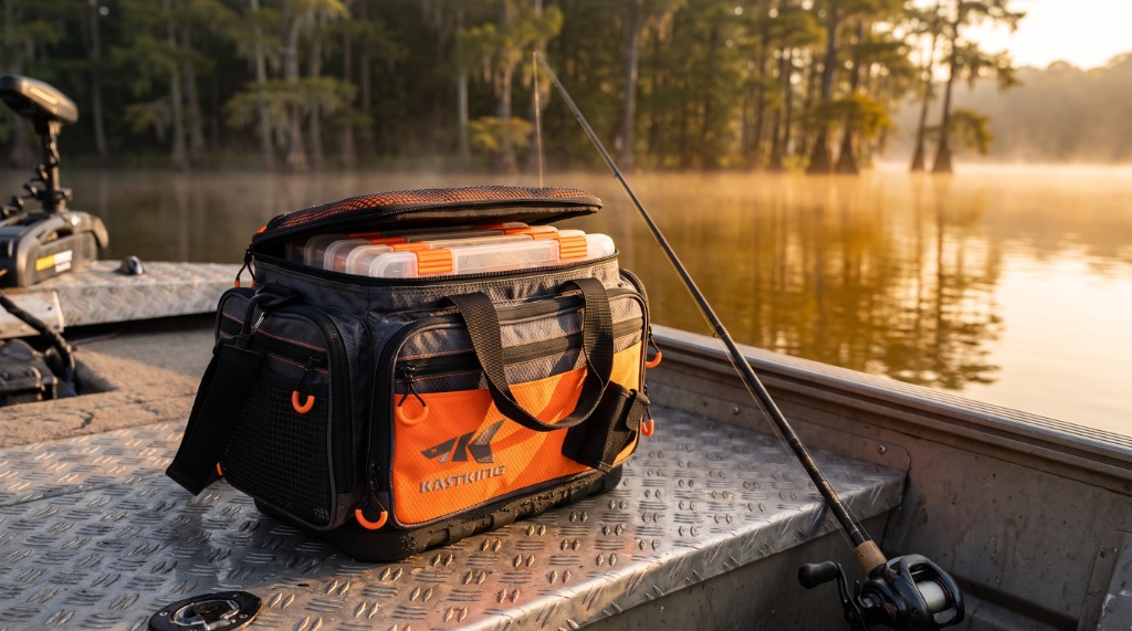 Marcus Thorne testing the KastKing Fishing Tackle Bag on an aluminum bass boat deck with utility trays loaded