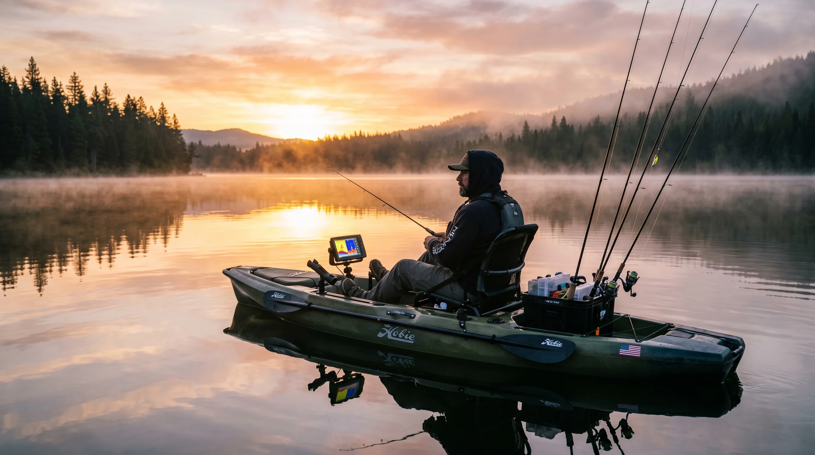 Perfectly rigged sit-on-top fishing kayak on calm water at sunrise