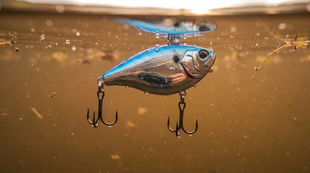Macro underwater photograph of a chrome and blue lipless crankbait suspended in stained turnover lake water with micro particles