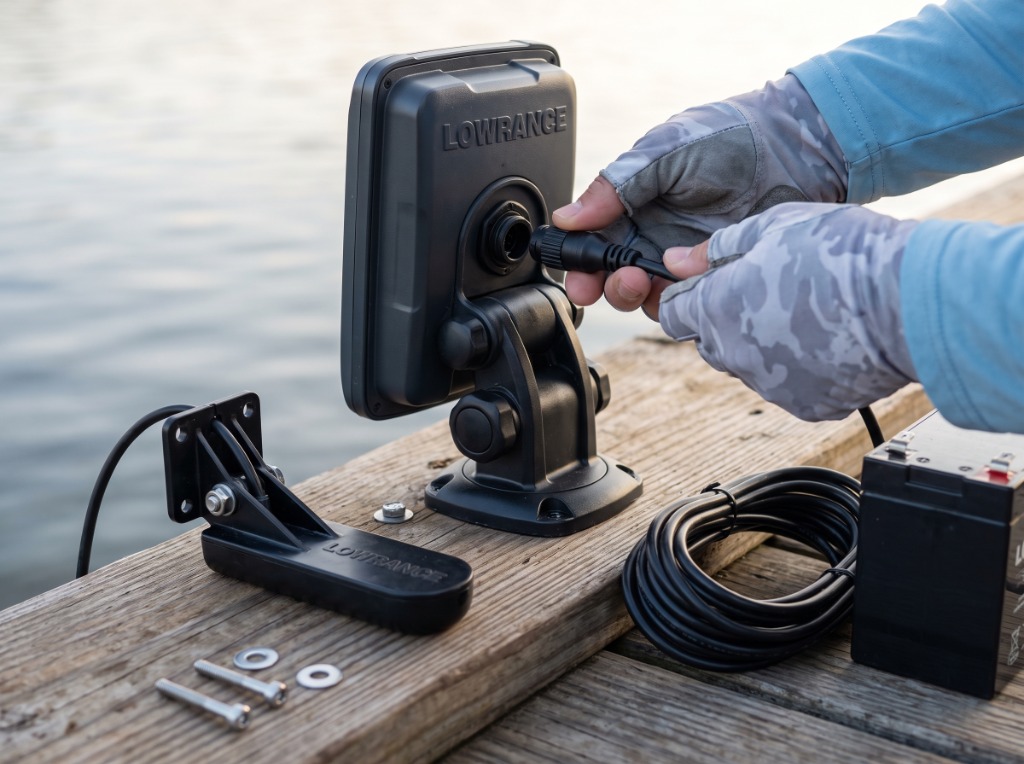 Lowrance Eagle 4X twist-lock transducer connector mechanism and mounting bracket on wooden dock