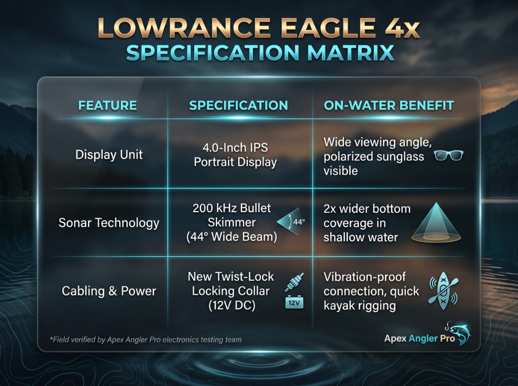 Lowrance Eagle 4X Specification Matrix infographic showing display unit, sonar technology, and cabling benefits