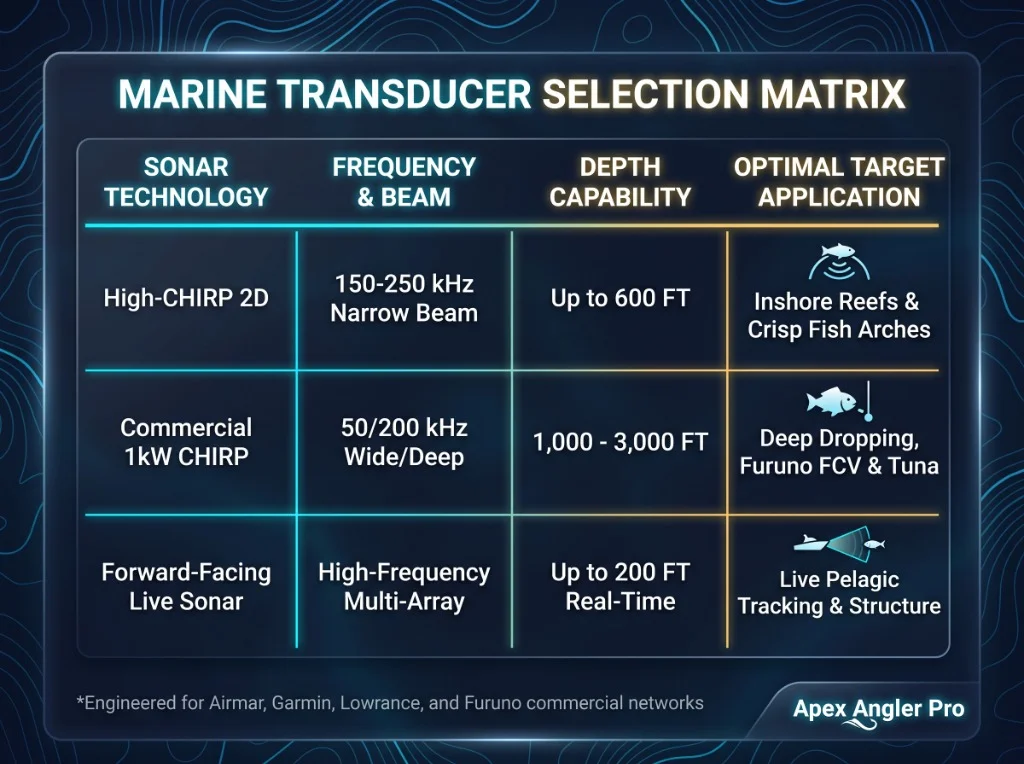 High-tech glowing comparison infographic titled Marine Transducer Selection Matrix comparing High-CHIRP 2D, Commercial 1kW CHIRP, and Forward-Facing Live Sonar
