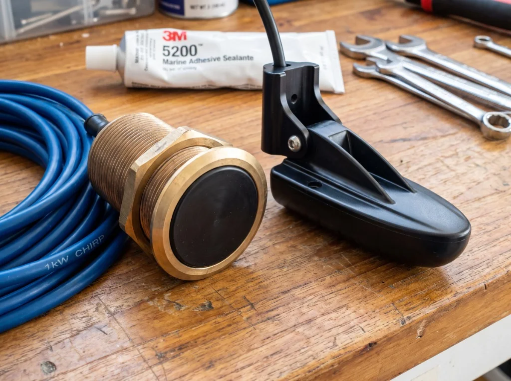 Marine sonar transducers comparing bronze thru-hull 1kW CHIRP transducer with transom mount skimmer transducer and 3M 5200 marine adhesive sealant