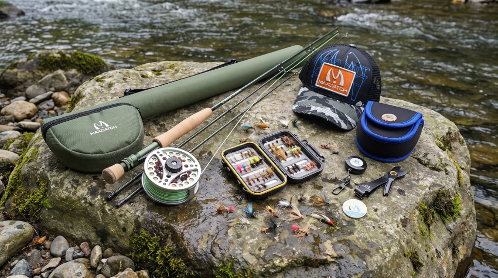 Maxcatch Extreme fly fishing outfit unboxed on a river rock showing 4-piece IM7 carbon rod sections, ECO reel, fly box, and accessories