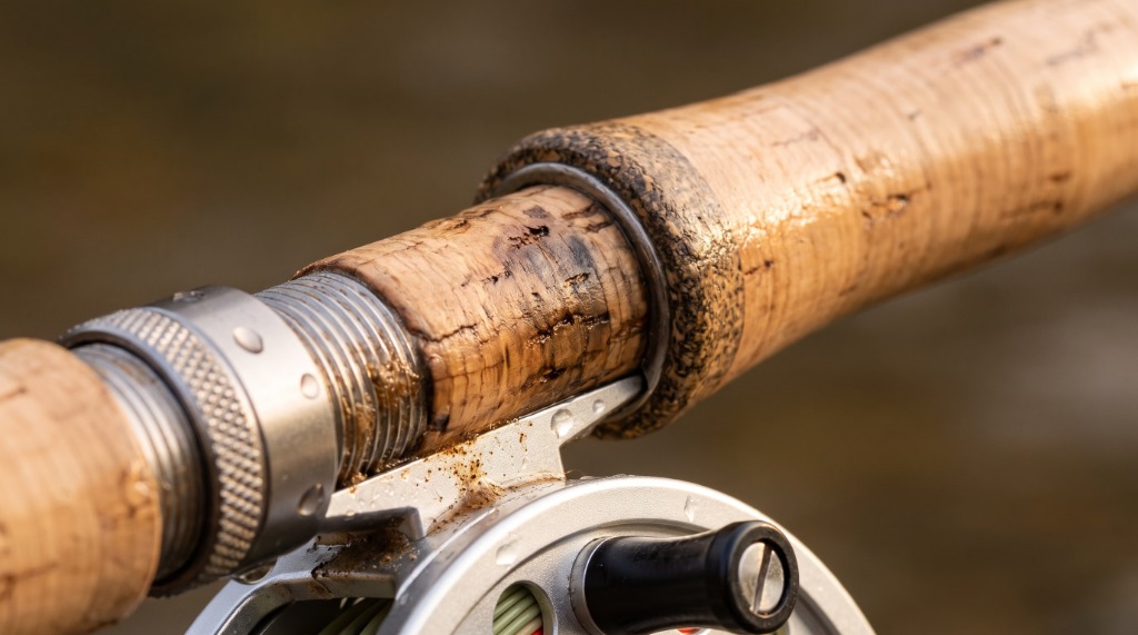Macro close-up of Maxcatch Extreme fly rod down-locking aluminum reel seat and weathered cork handle with water droplets