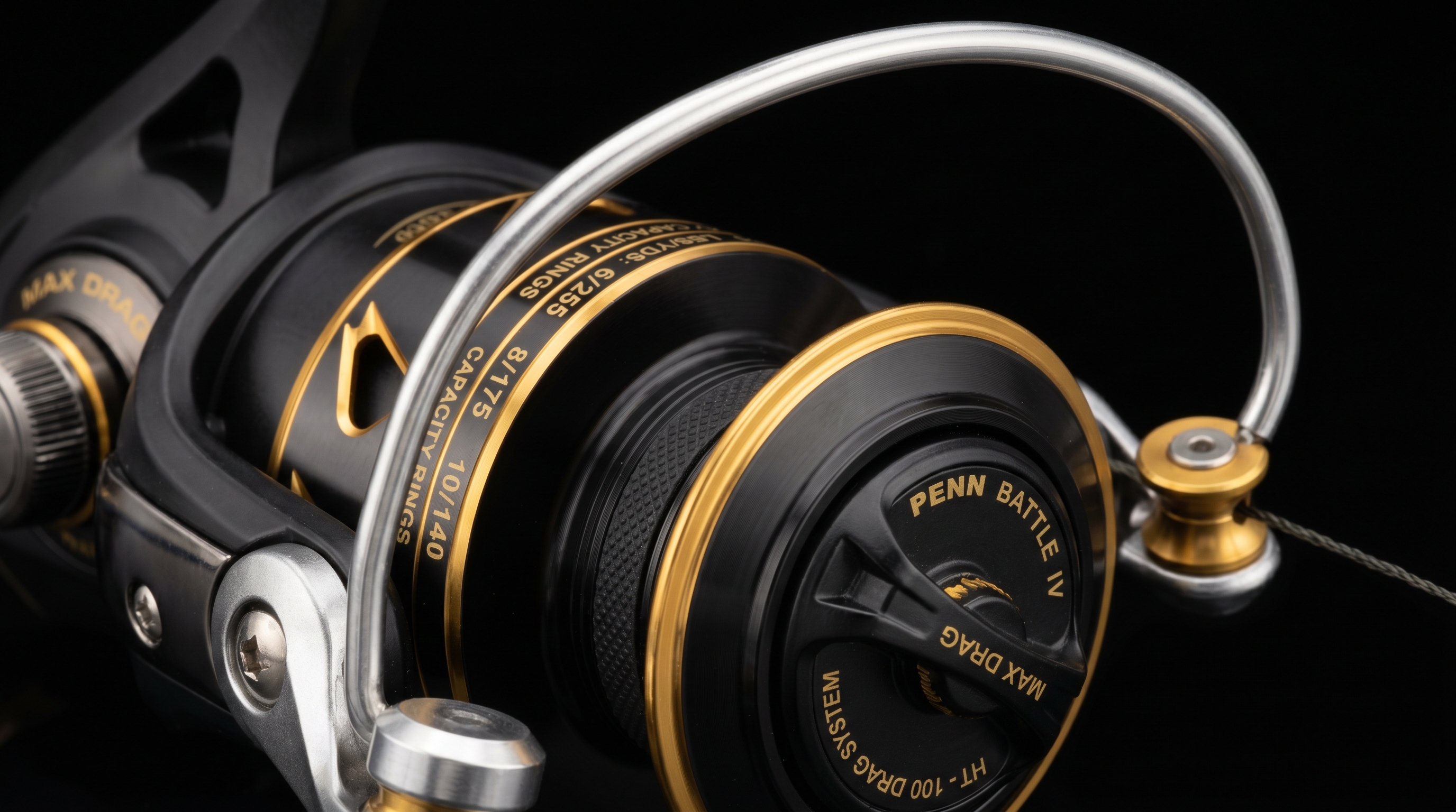 Penn Battle IV spinning reel detailing macro studio-style close up
