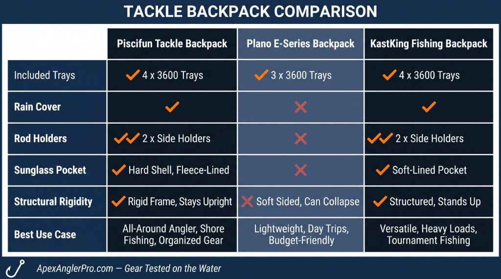 Tackle Backpack Comparison Table comparing Piscifun Tackle Backpack, Plano E-Series, and KastKing Fishing Backpack