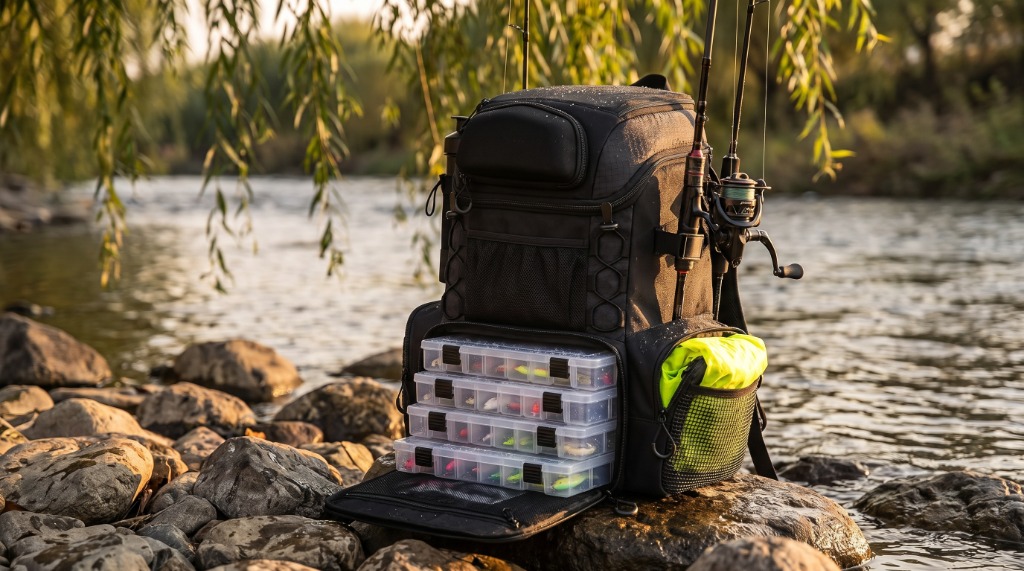 Piscifun Fishing Tackle Backpack standing open on riverbank rocks with four 3600 tackle trays loaded with lures and spinning rod attached