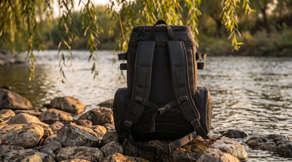 Piscifun Fishing Tackle Backpack back panel, padded shoulder straps, sternum buckle, and lumbar support mesh