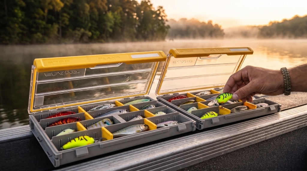 Tyler Vance inspecting open Plano EDGE Flex 3700 boxes on a bass boat deck loaded with crankbaits and reaction lures