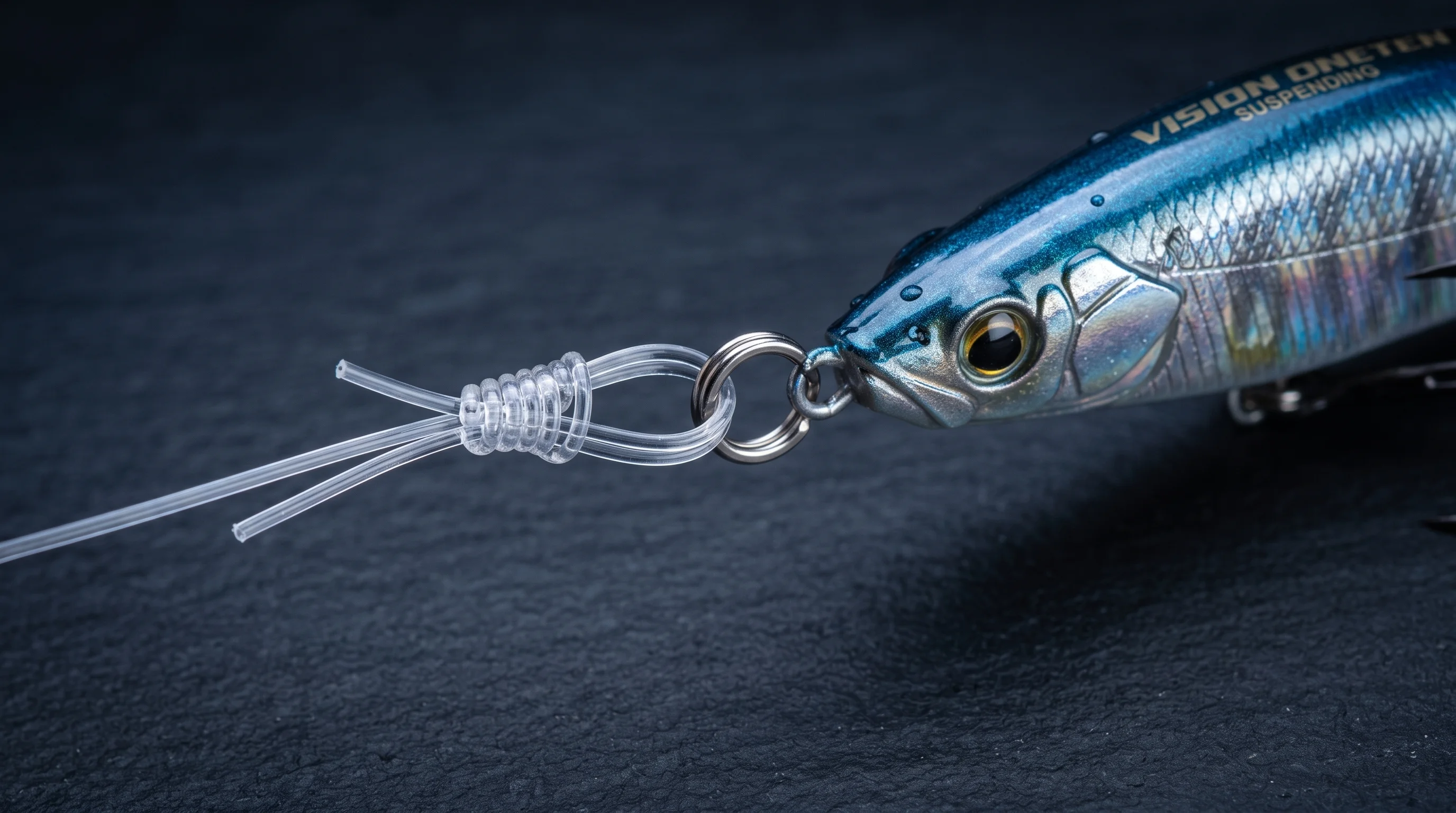 Macro close-up of a Megabass Vision Oneten suspending jerkbait tied to clear line with a Non-Slip Mono Loop Knot