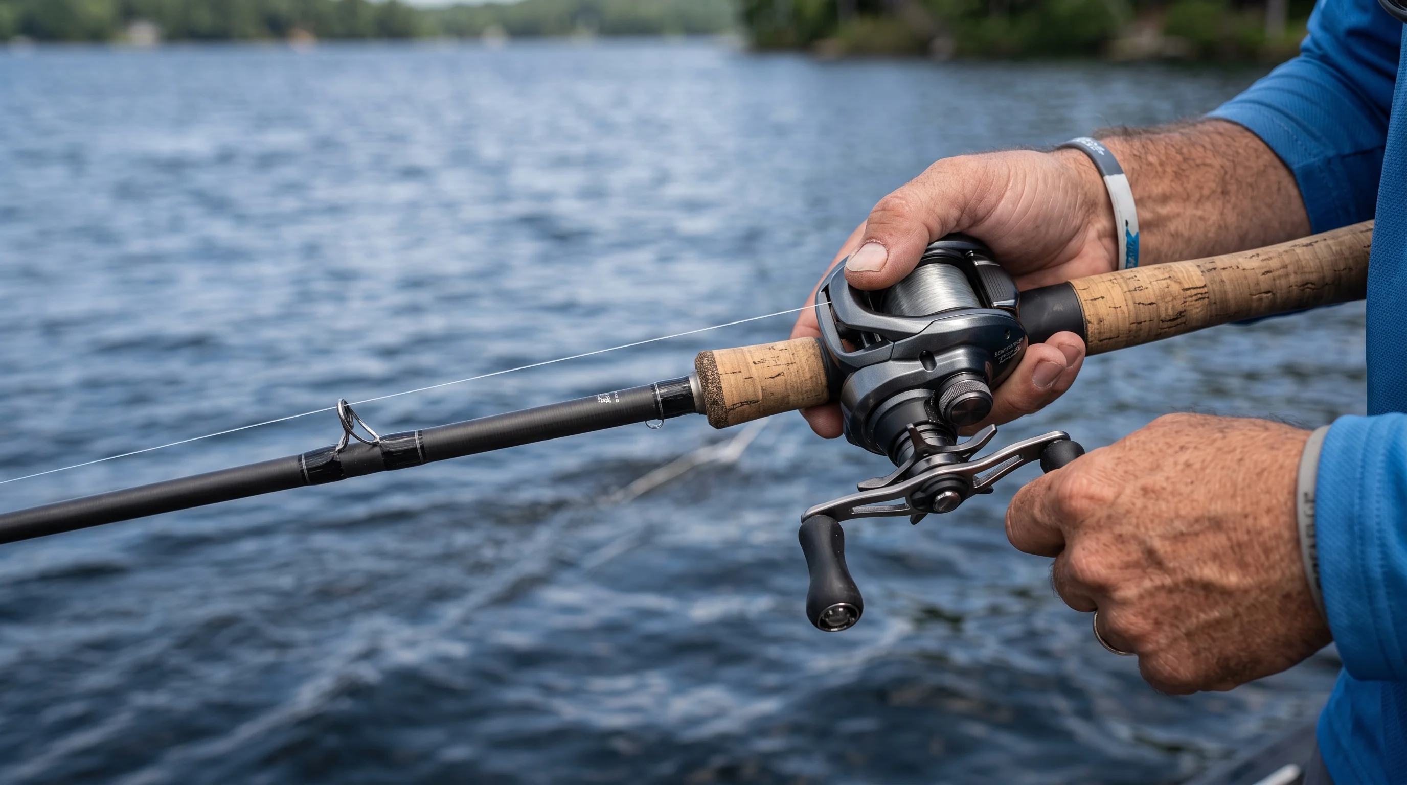 Angler holding a baitcasting rod and reel spool with clear line over open blue water