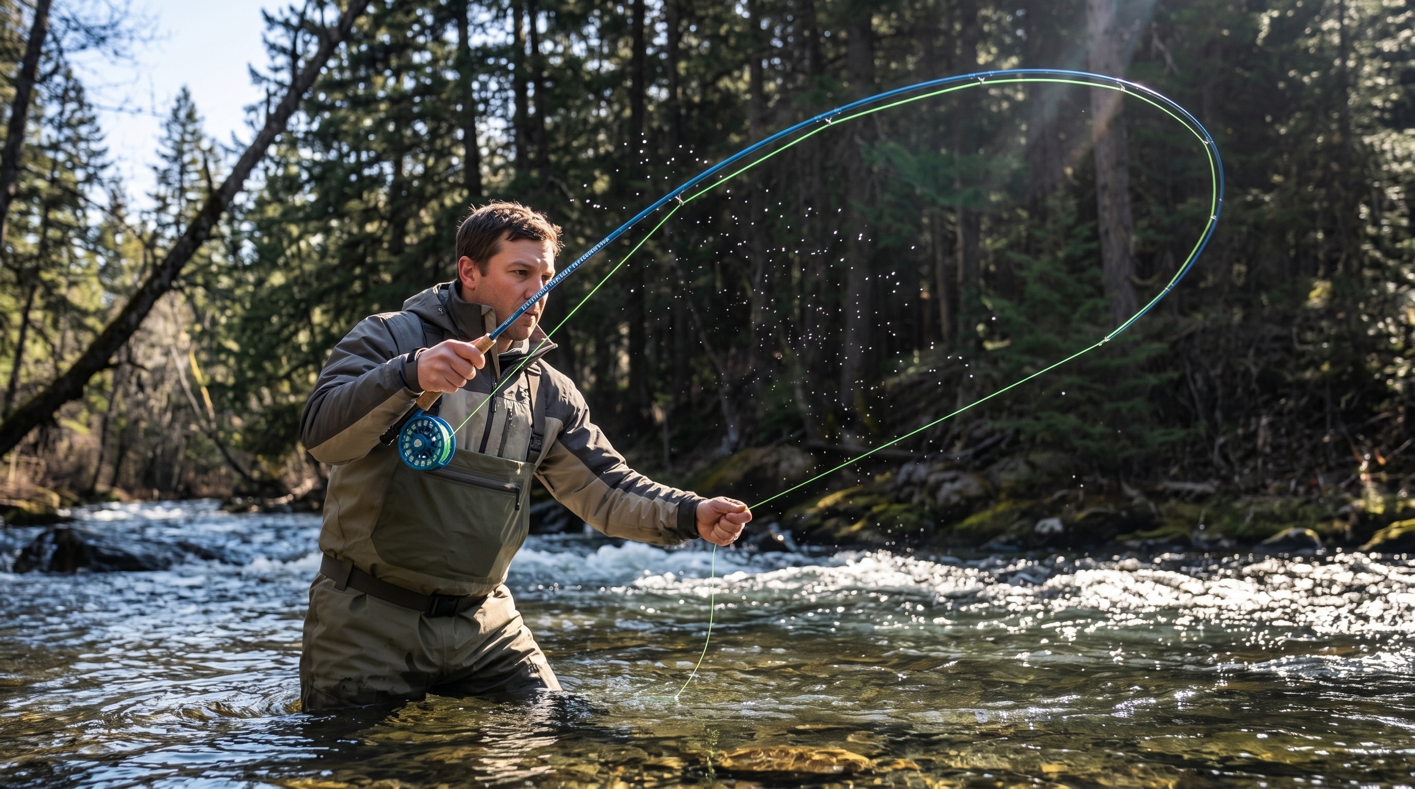Angler standing waist-deep in a river casting with the Redington Crosswater fly fishing rod in spring conditions