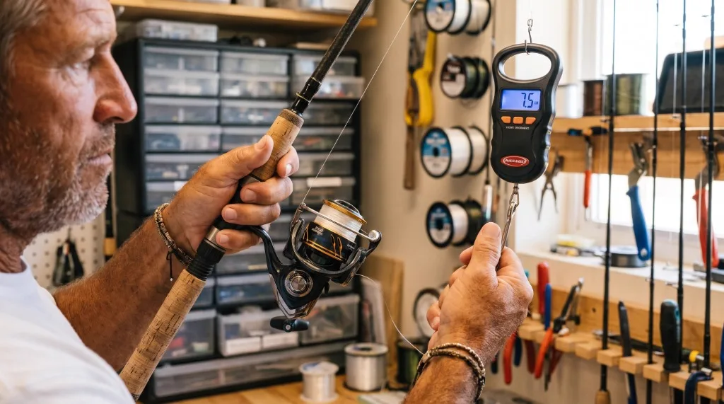 Angler calibrating spinning reel drag under load at 45 degree angle with a digital hanging scale in workshop