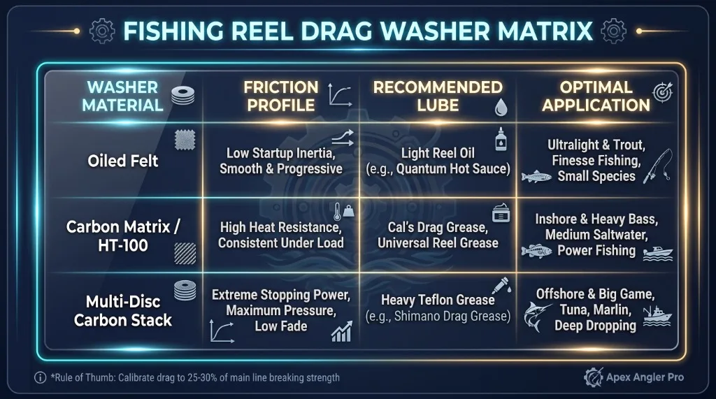 High-tech glowing comparison infographic titled Fishing Reel Drag Washer Matrix comparing Oiled Felt, Carbon Matrix HT-100, and Multi-Disc Carbon Stacks