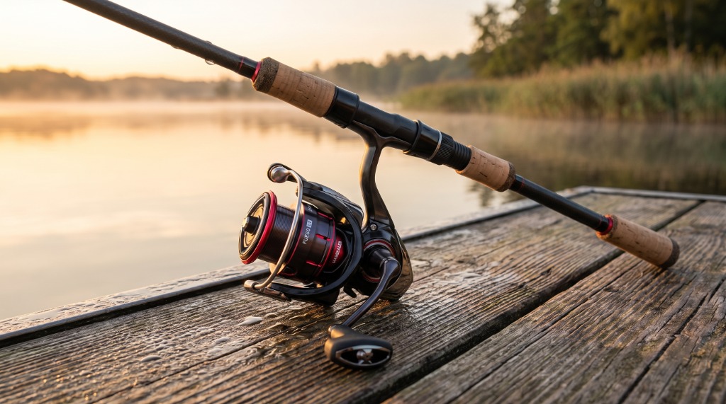 Alex Mercer testing the Daiwa Fuego LT spinning reel on a carbon finesse rod resting on a wooden dock at dawn