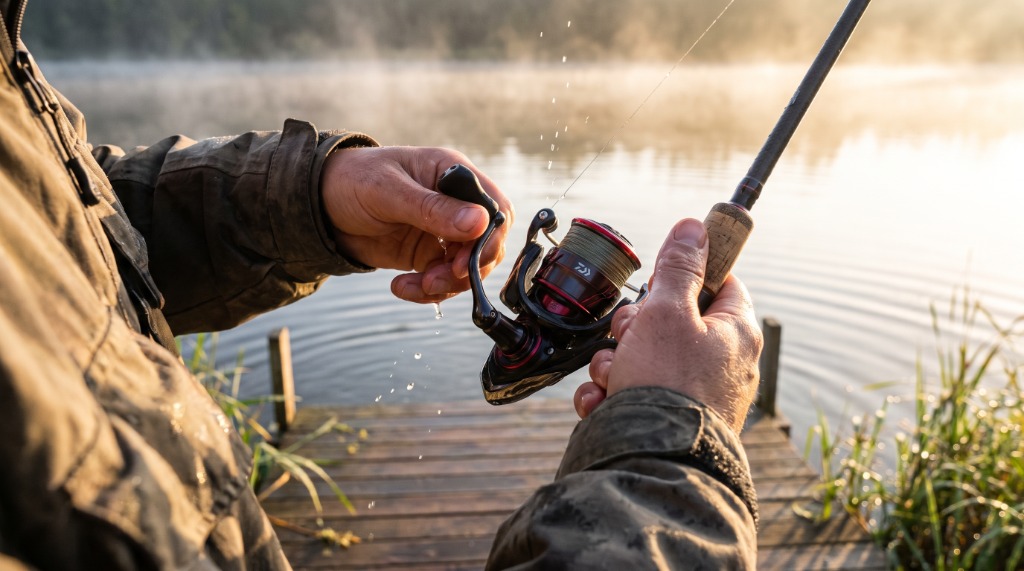 Angler actively retrieving braided line with the Daiwa Fuego LT spinning reel on a lake dock at sunrise