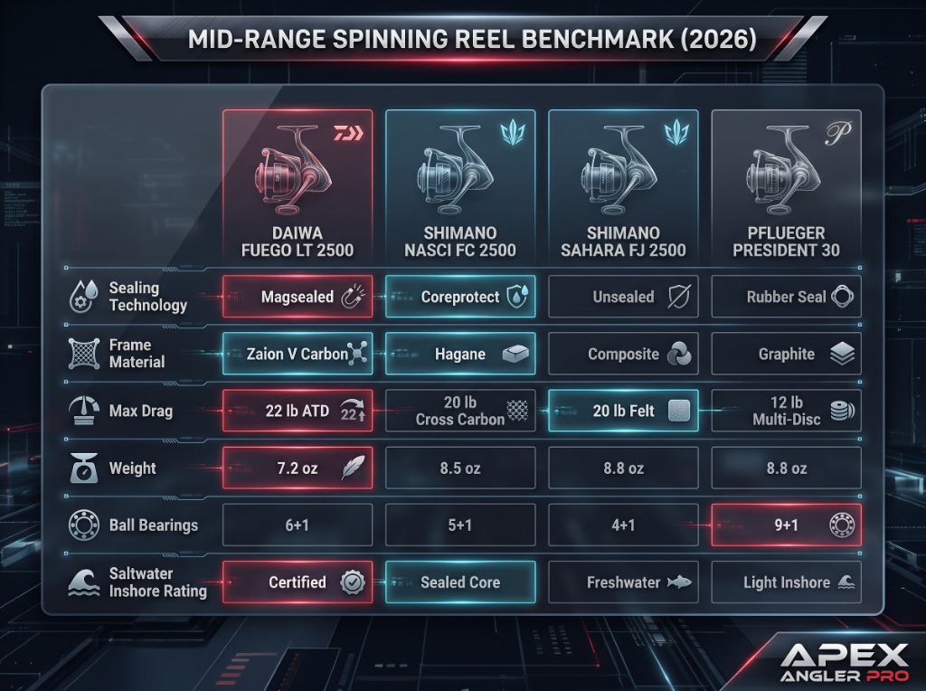Mid-Range Spinning Reel Benchmark 2026 matrix comparing Daiwa Fuego LT, Shimano Nasci FC, Shimano Sahara FJ, and Pflueger President with Apex Angler Pro watermark
