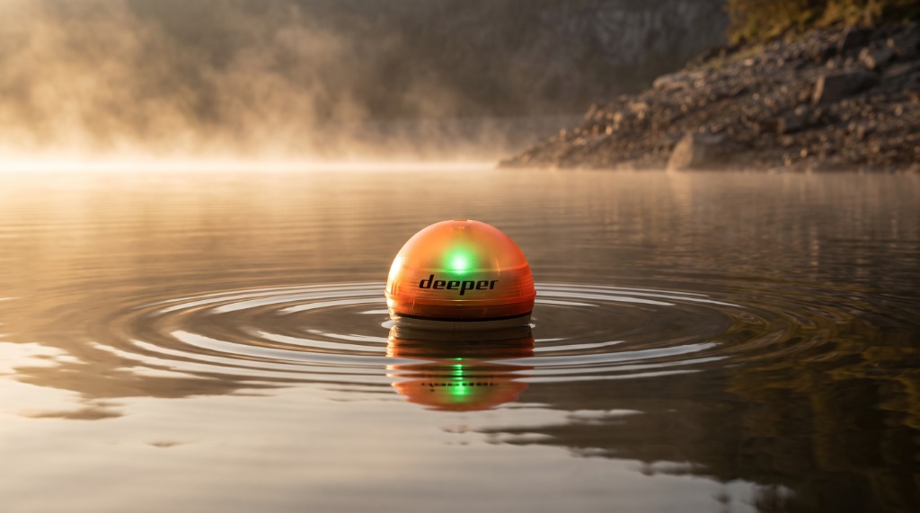 Dr. Eric Lindner testing the Deeper Smart Sonar CHIRP 2 castable fish finder floating on misty lake water at dawn with illuminated night cover