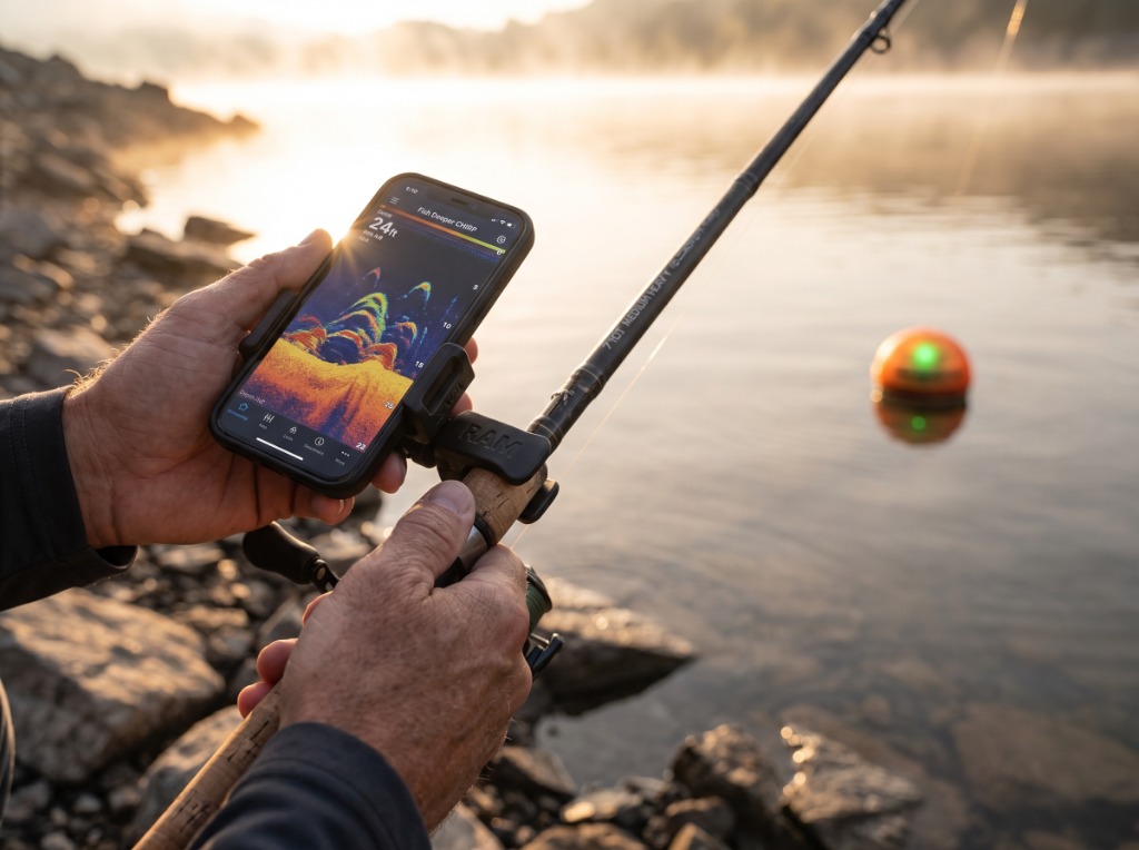 Angler on rocky reservoir bank reading real-time Fish Deeper CHIRP sonar returns and fish arches at 24 feet depth on smartphone mounted to casting rod