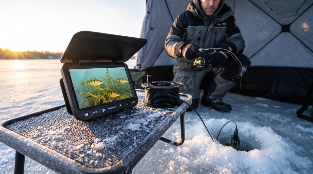 Dr. Eric Lindner testing the FishPRO HD 1080P underwater fishing camera with 7-inch IPS monitor and Mag-Spool on frozen lake ice