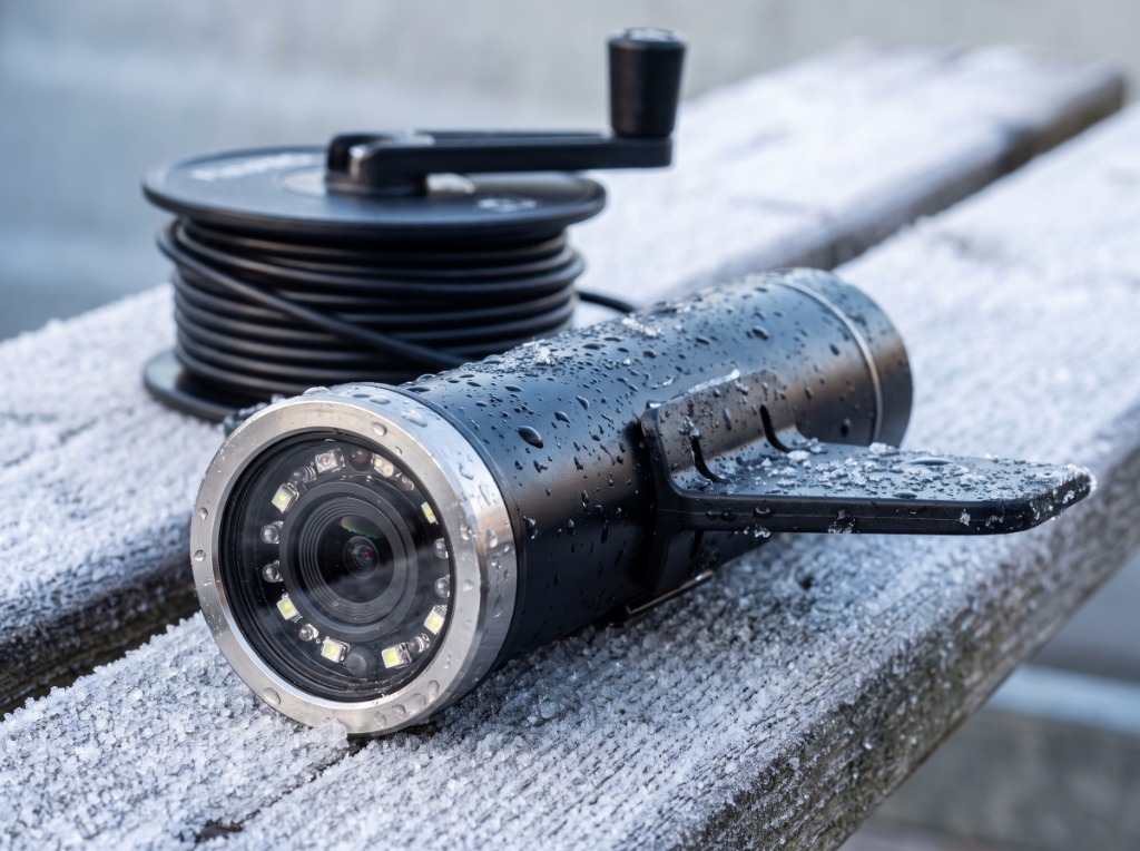 Macro detail of FishPRO IP68 waterproof underwater camera housing, optical glass lens, ring of infrared and visible LEDs, and stabilizer fin resting on frosted wood
