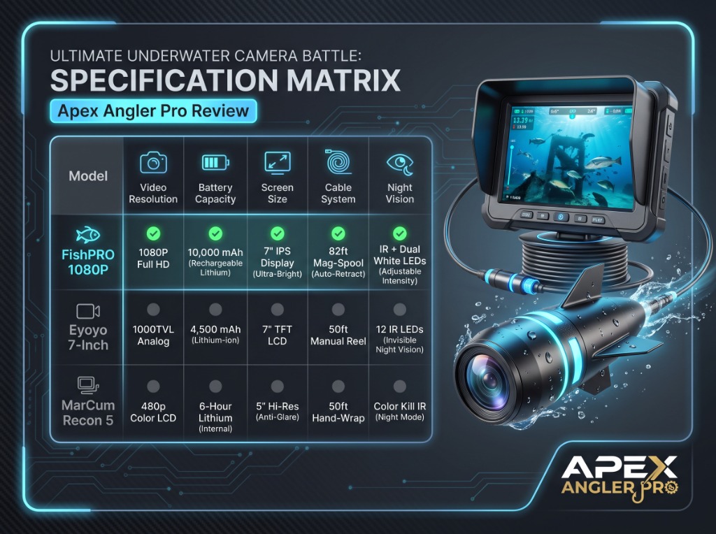 Ultimate underwater camera specification matrix comparing FishPRO 1080P, Eyoyo 7-Inch, and MarCum Recon 5