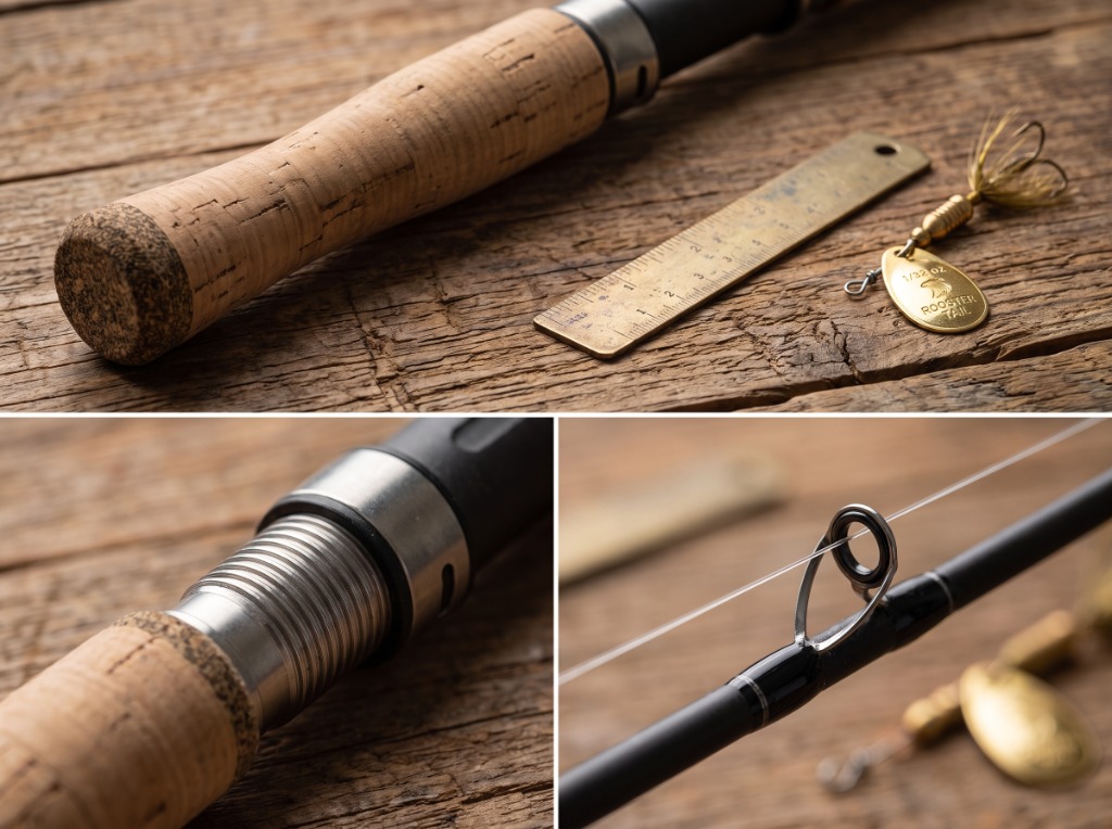 Macro inspection of the Okuma Celilo Neo cork handle, stainless steel hooded reel seat threads, and Titanium Oxide guide with 1/32 oz inline spinner
