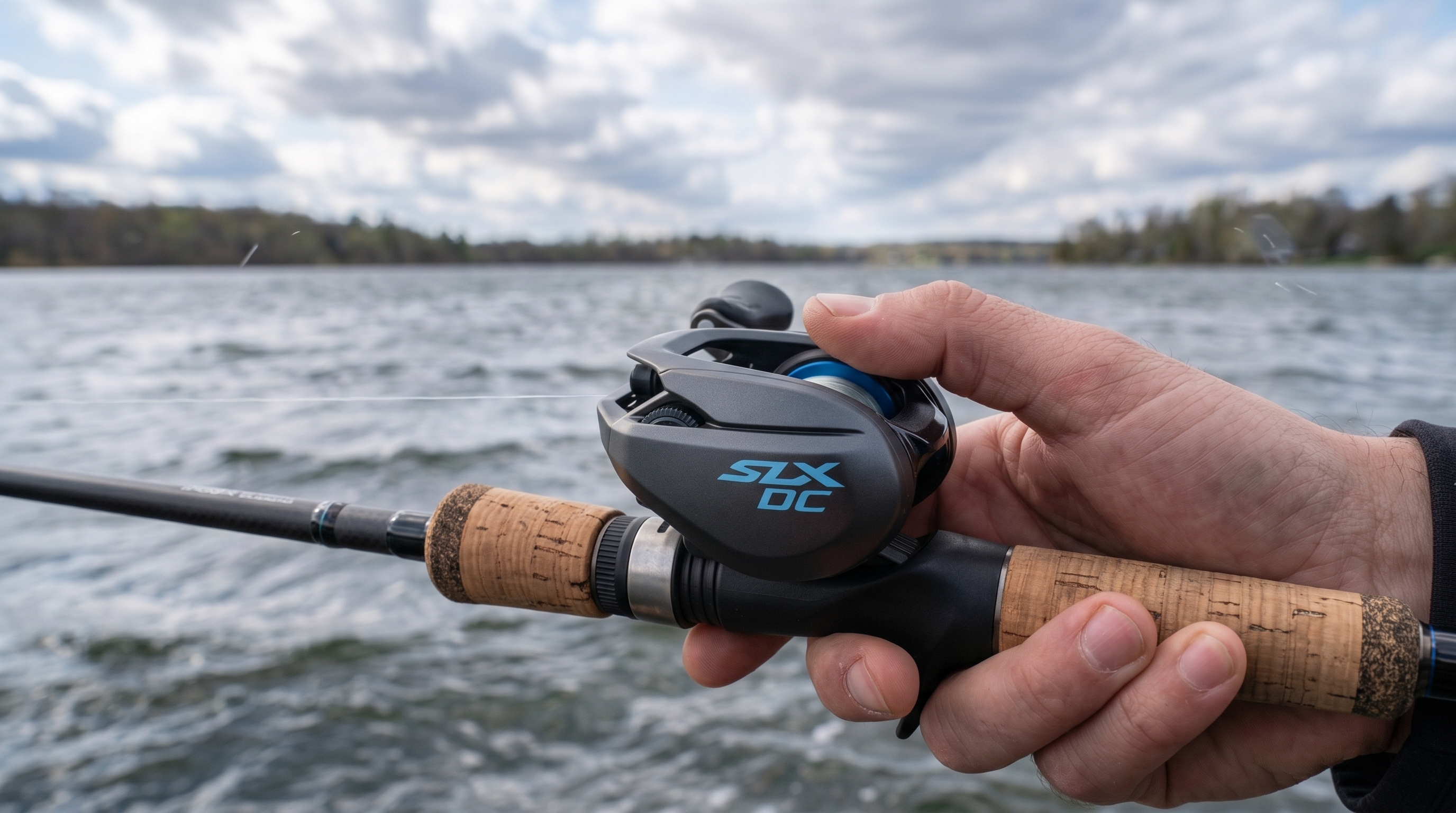 Angler using Shimano SLX DC casting on a windy lake