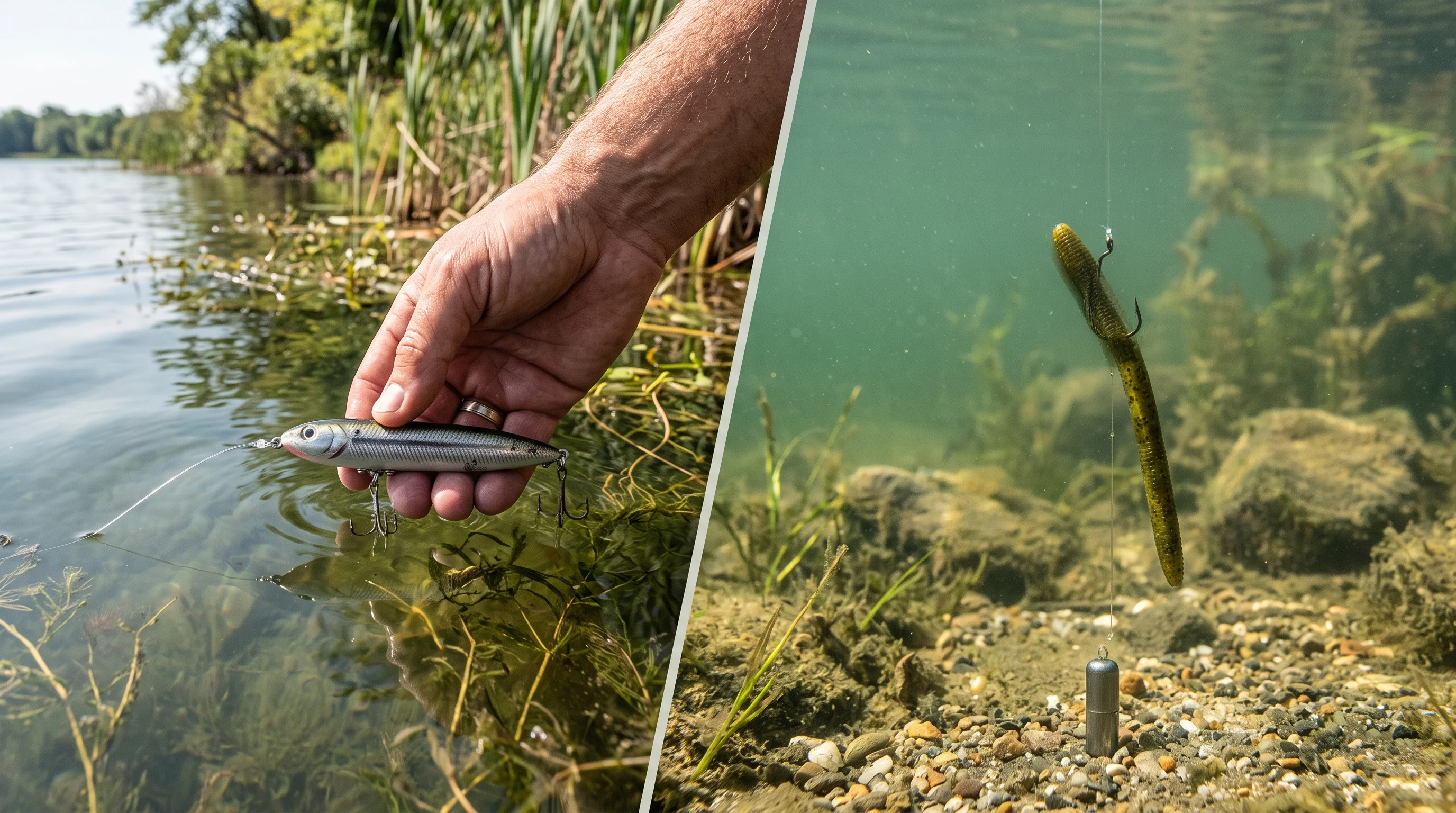 Fishing leader application: monofilament on topwater plug and fluorocarbon on drop shot rig