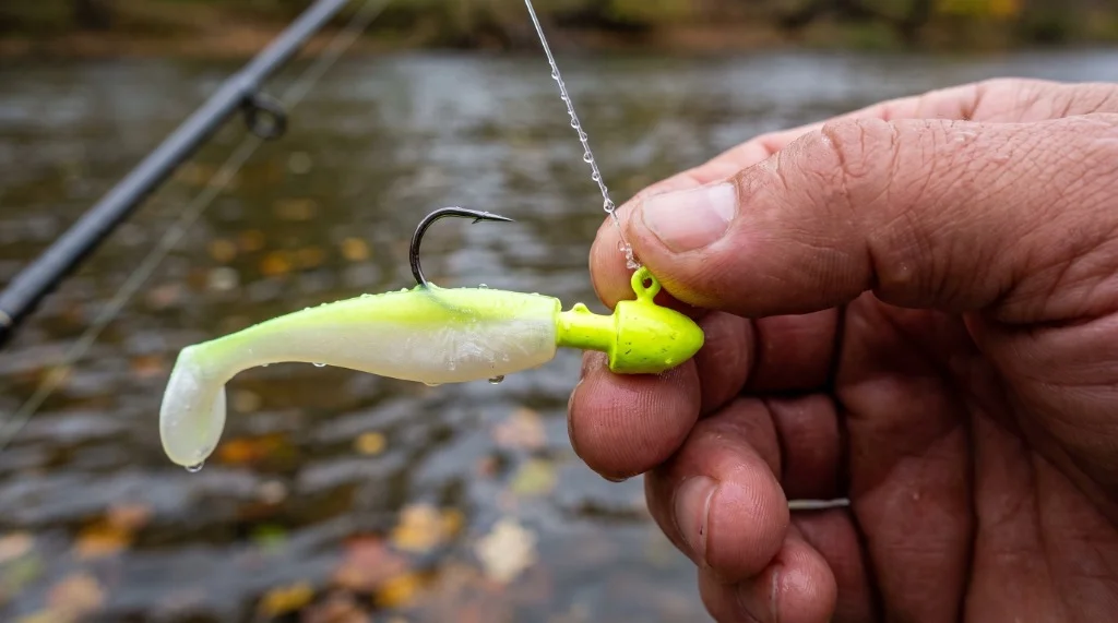 Close-up macro shot of angler hand holding a 3/8 oz chartreuse jig head rigged with white paddle tail swimbait and tied with a 10 lb fluorocarbon leader