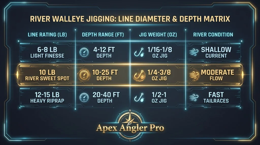 Apex Angler Pro River Walleye Jigging Line Diameter and Depth Matrix technical specification graphic